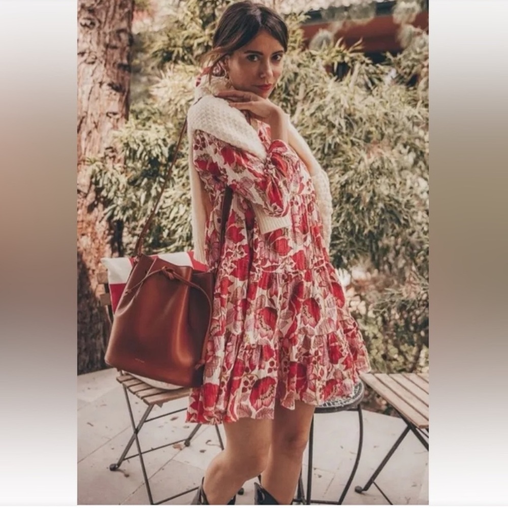 ZARA ecru pink red The Sharon dress Tiered  oversized boho size XS NWT
